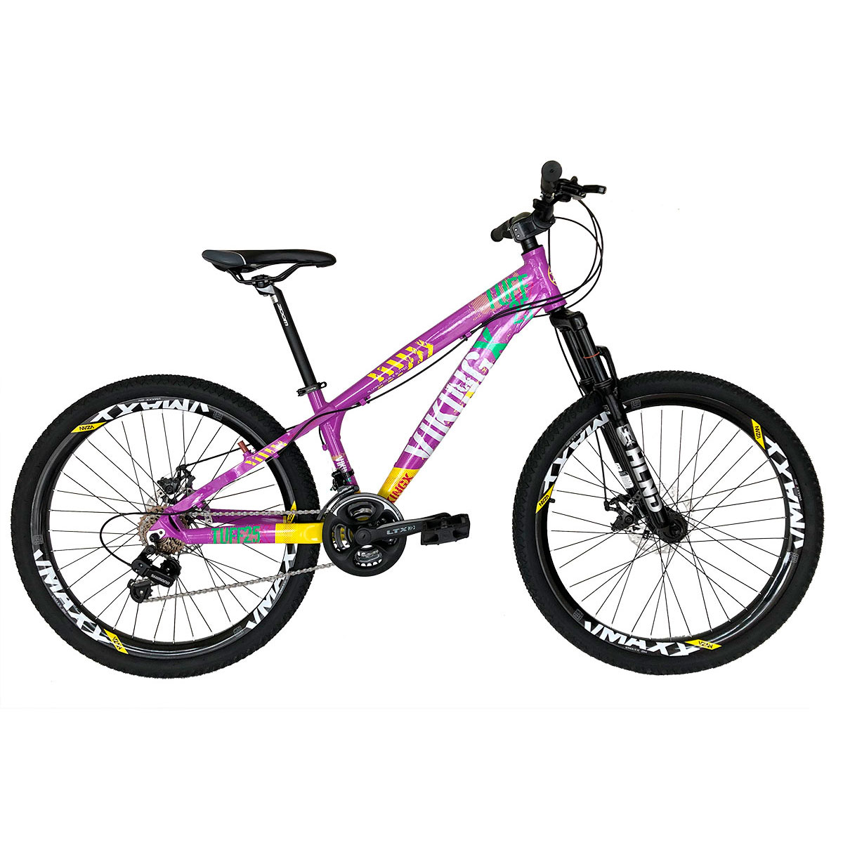 Bicicleta Aro 26 Vikingx Tuff25 21 Velocidades Freio A Disco Cor: Lilas/amarela